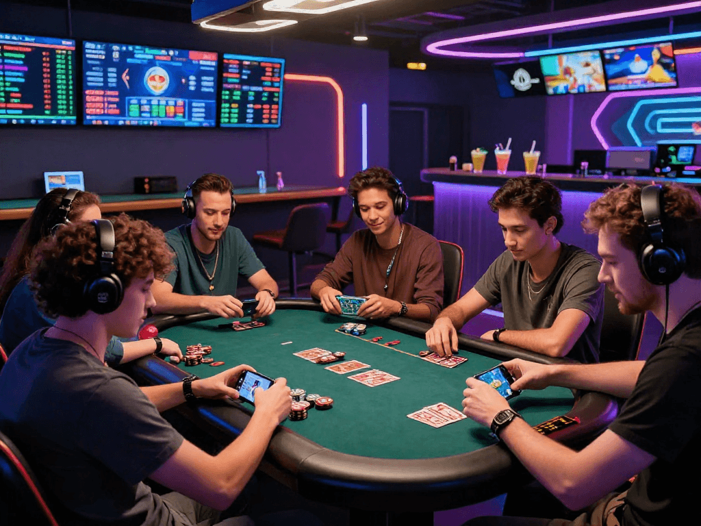Group of friends enjoying a poker game at a crypto casino, smartphones showing crypto assets.