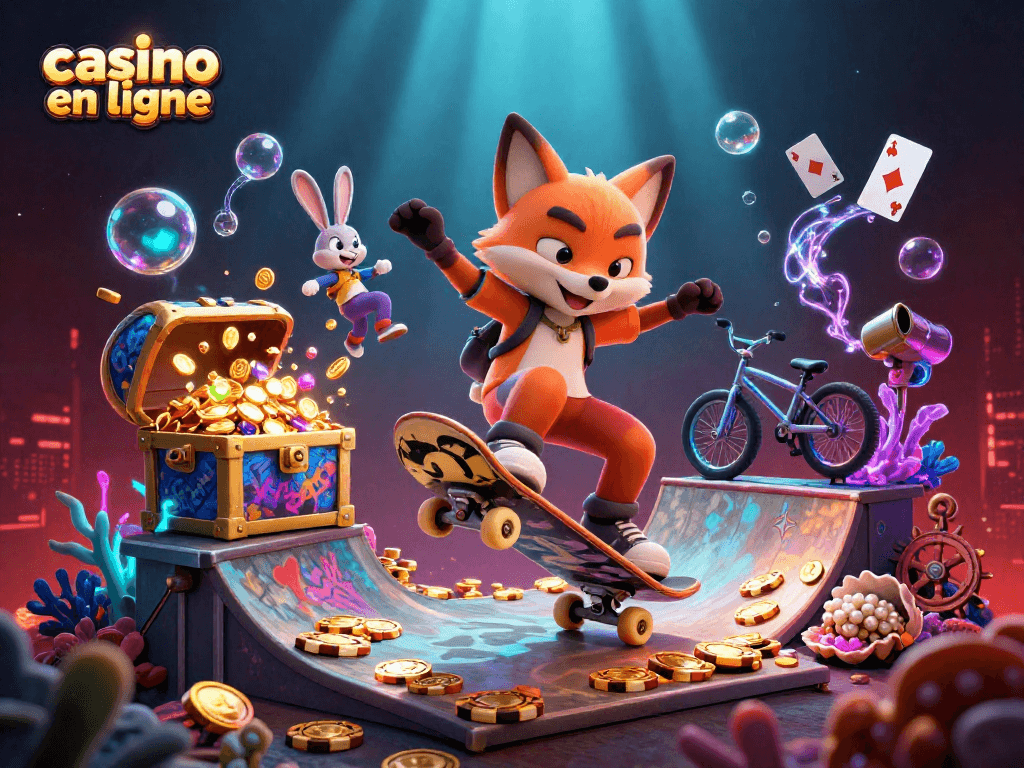 Le casino en ligne dévoile un skatepark animé avec un renard acrobatique et un lapin BMX parmi des jetons d'or et des cartes à jouer.