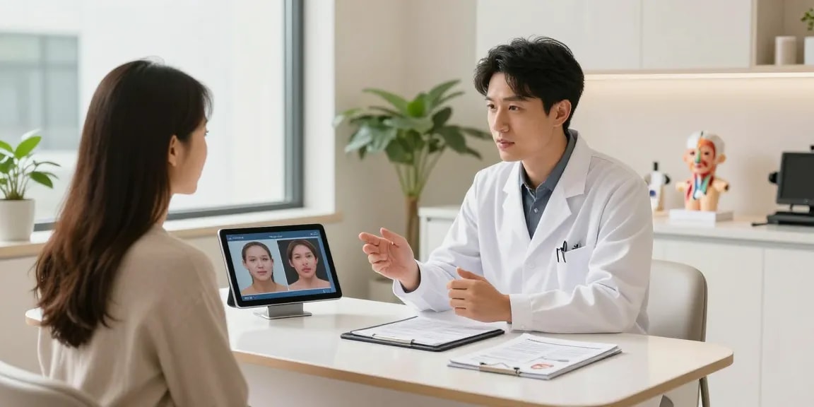 Engaging consultation scene demonstrating plastic surgeon SEO expert marketing, with surgeon and patient discussing treatment options.