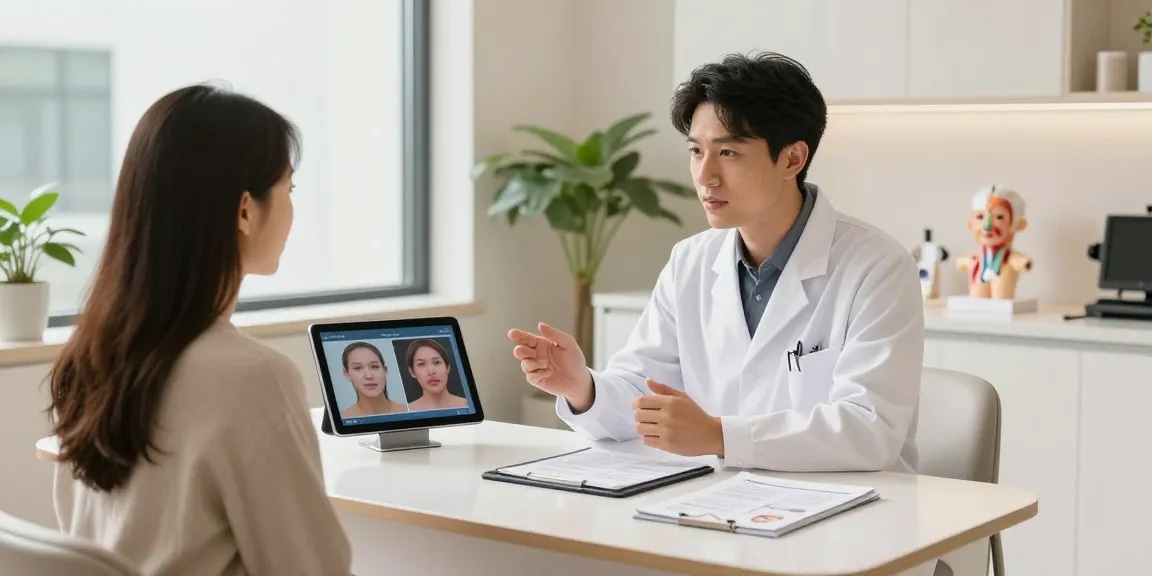 Engaging consultation scene demonstrating plastic surgeon SEO expert marketing, with surgeon and patient discussing treatment options.