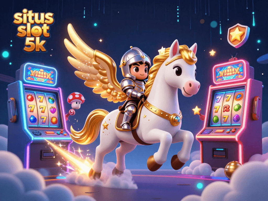 Engage with situs slot 5k as the celestial horse gallops, surrounded by vibrant slot machines and game elements.