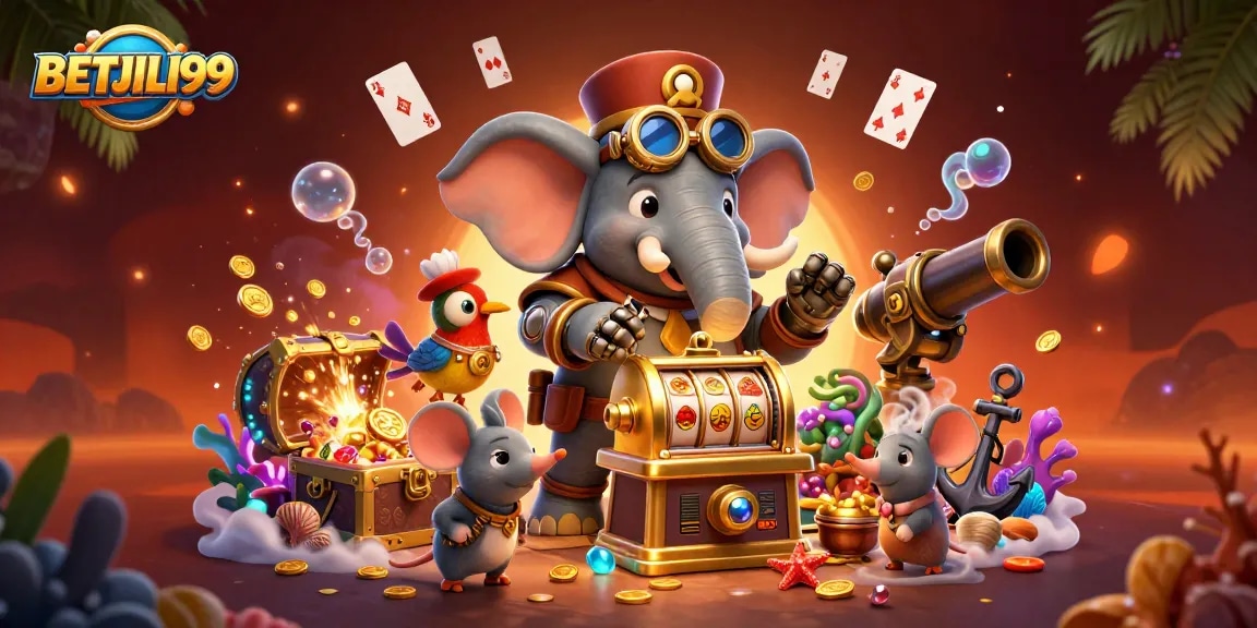 Experience the thrill with BETJILI99 as our steampunk character operates a golden slot machine.