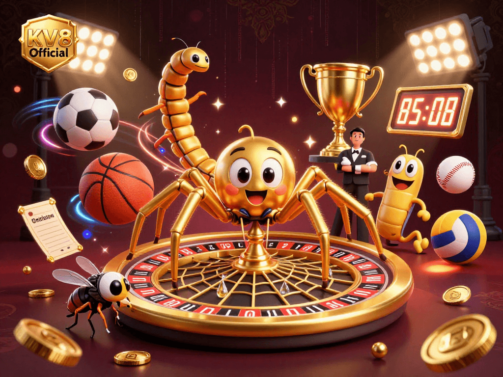Experience thrilling bets with KV8 Official's vibrant casino scene featuring a golden roulette wheel.