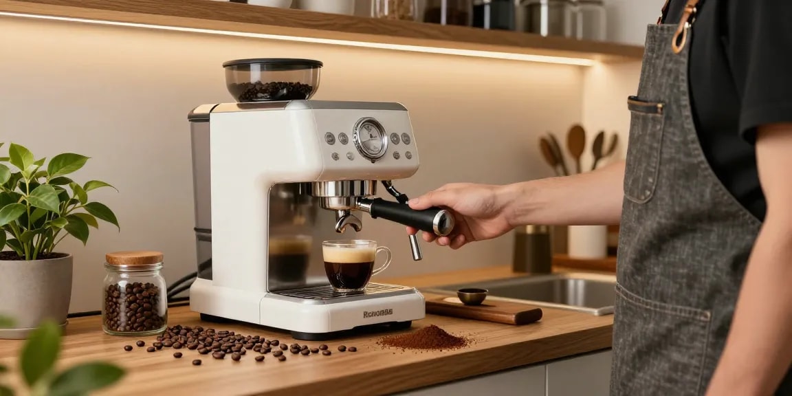 Rokok88 daftar espresso machine creating perfect cafe-quality coffee in stylish home kitchen.
