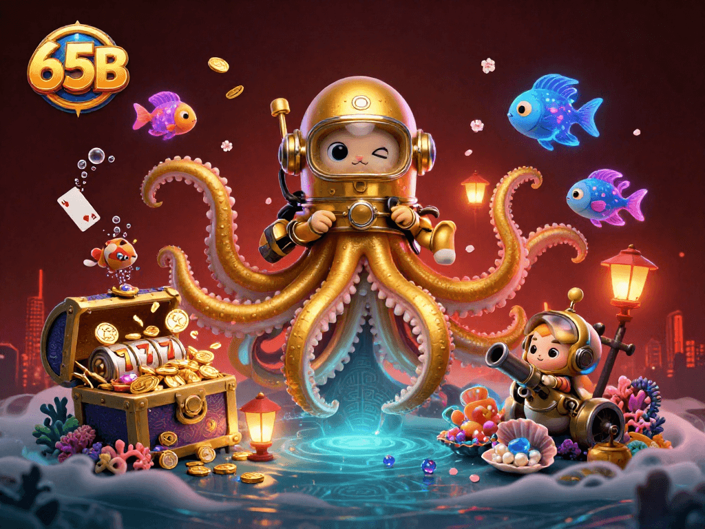 Melhore suas chances no casino 65B com ilustração fantástica de um kraken e um gato mergulhador.