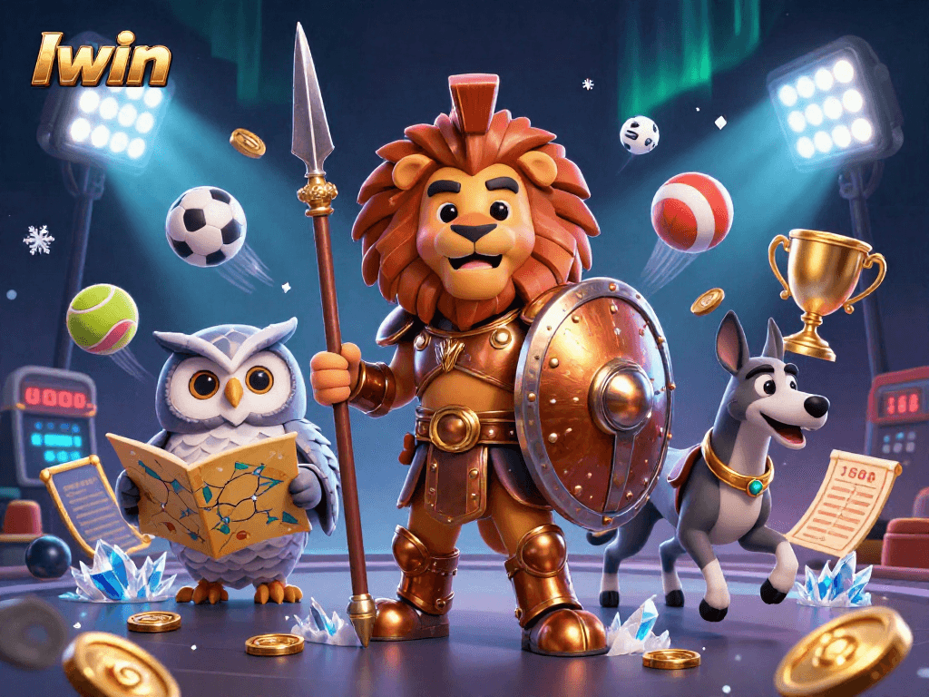 Iwin showcases thrilling sports betting with a Spartan lion, owl strategist, and greyhound messenger.