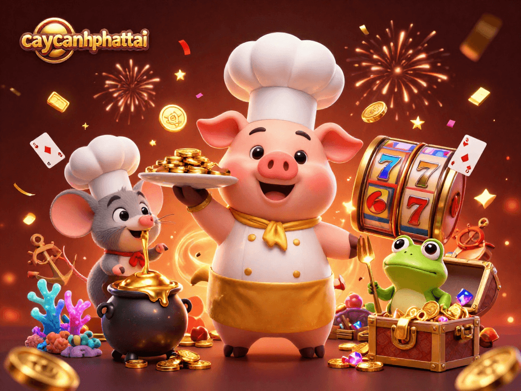 Caycanhphattai engages players with vibrant 3D illustrations featuring all-game elements like slots and treasure.
