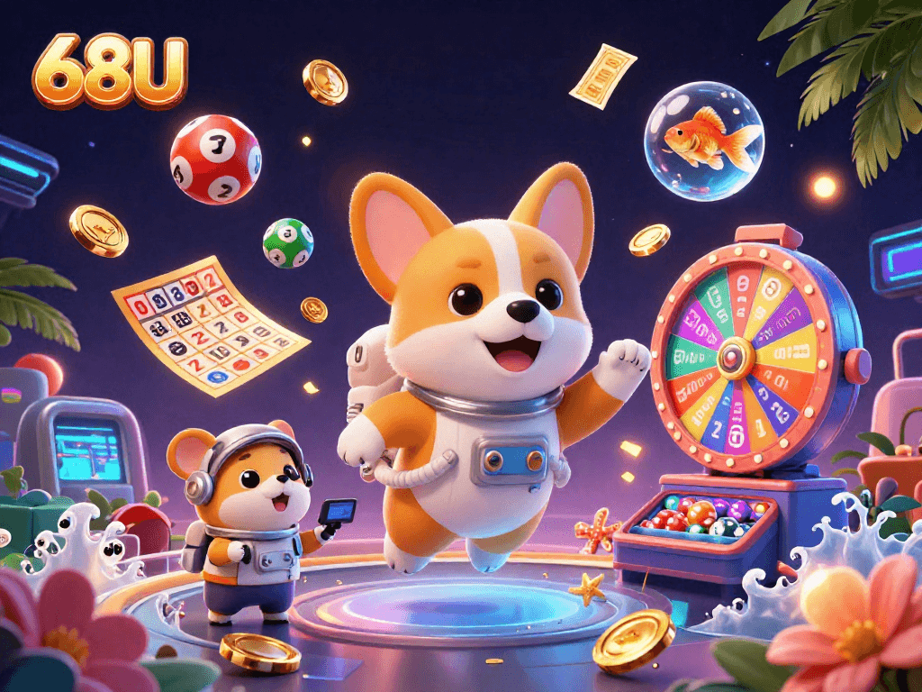 Jogando na 68U, astronauta corgi e hamster em cassino espacial com elementos de loteria vibrantes.