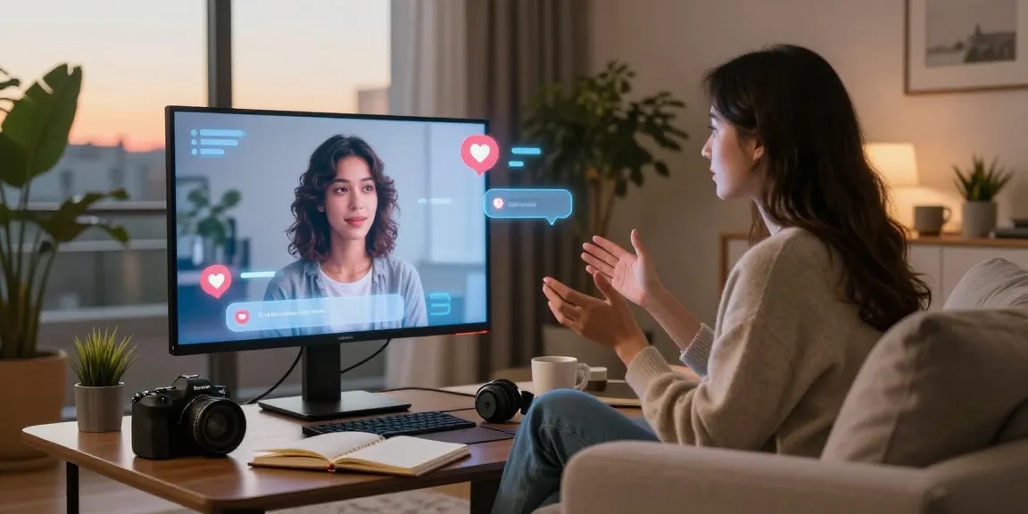 Engaging conversation with an AI girlfriend in a cozy living room setting, highlighting modern emotional connections.