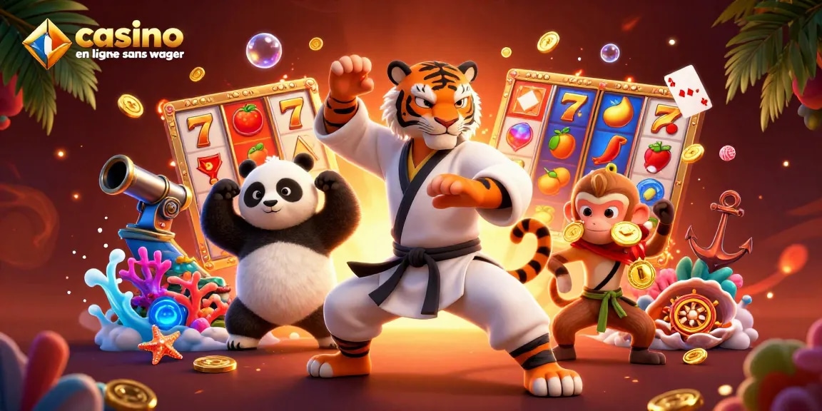 Illustration dynamique représentant un tigre kung fu et un panda avec le texte 'casino en ligne sans wager'.