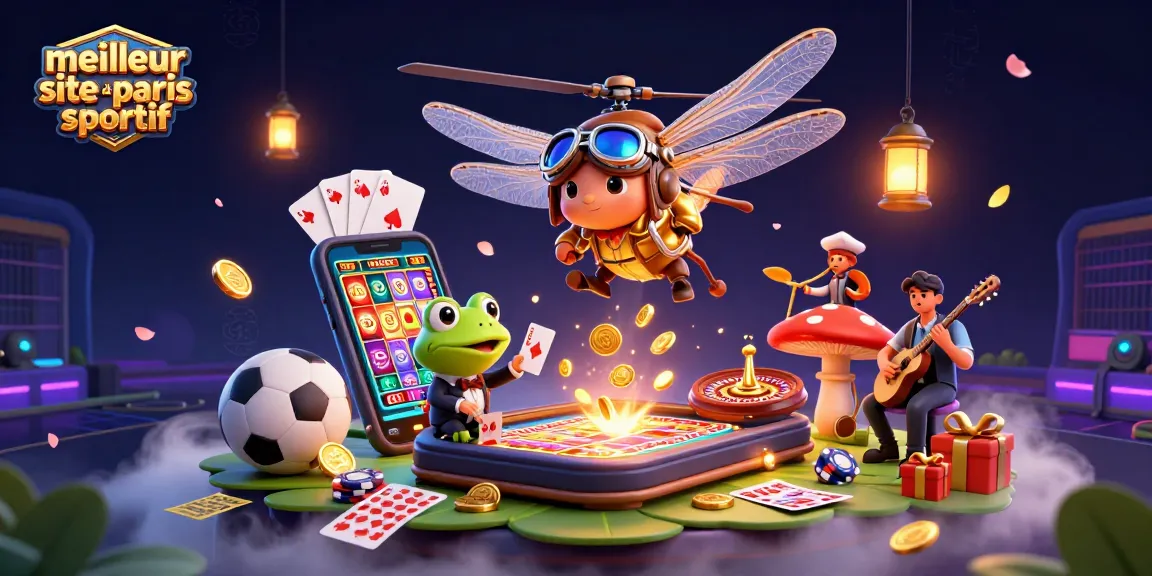 Illustration captivante du meilleur site de paris sportif avec un pilote libellule et un croupier grenouille