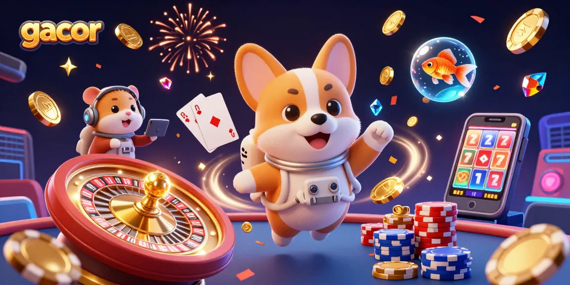 Engage with gacor slots as a playful astronaut corgi navigates a floating casino scene filled with coins and jackpots.
