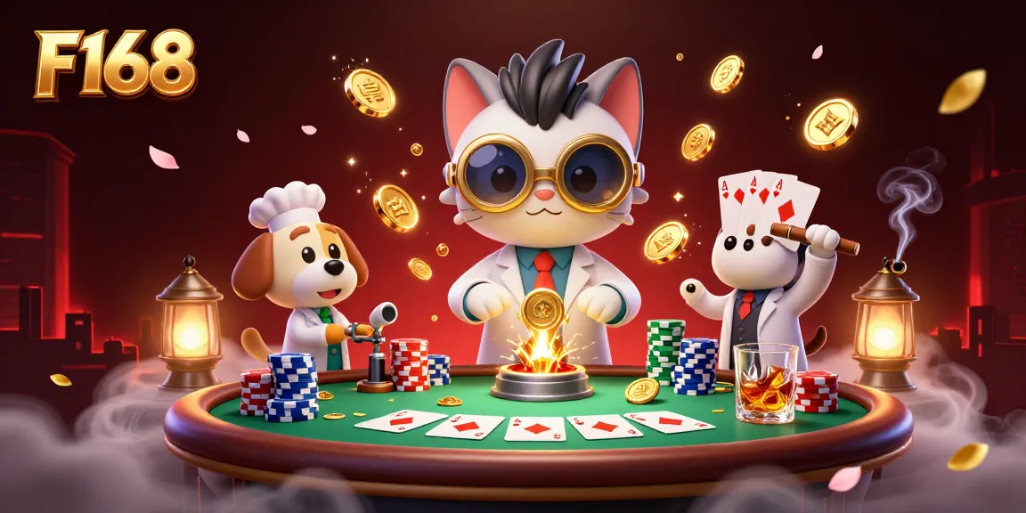 Engage with F168's thrilling gaming experience as the mad scientist cat brings magic to the casino world.