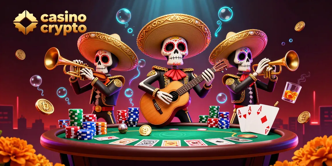 Une scène colorée de casino crypto avec des squelettes de mariachi, des pièces de Bitcoin et beaucoup d'énergie.