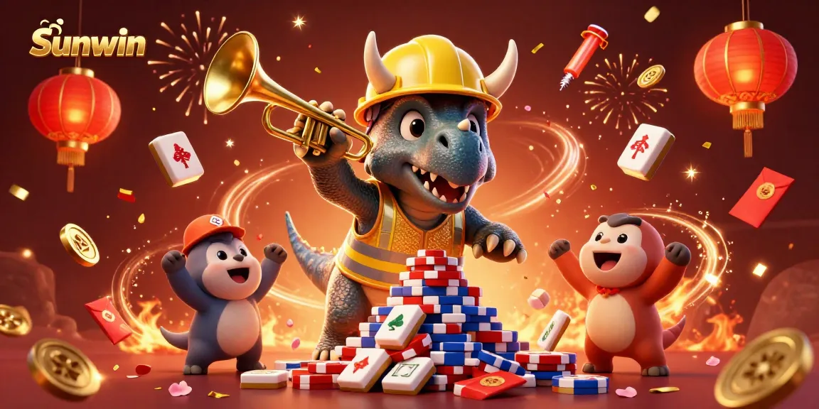 Experience the thrill with Sunwin as a triceratops builds poker chip towers amidst colorful festive elements.