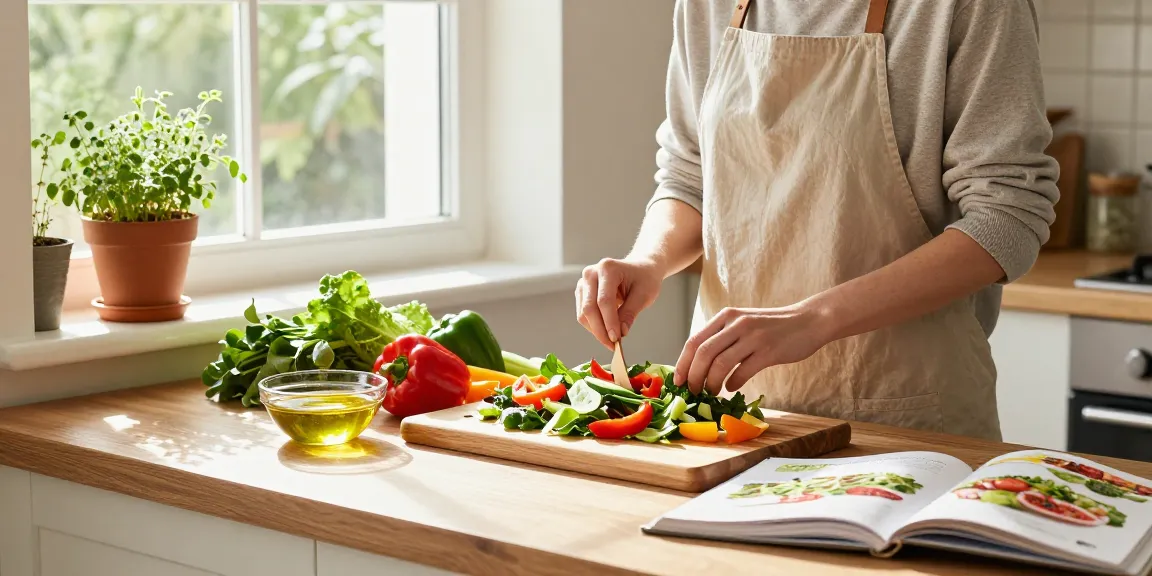 Preparing a vibrant salad with fresh ingredients in a cozy kitchen scene, emphasizing เว็บสล็อต แท้ 100 เปอร์เซ็นต์ for healthy eating.