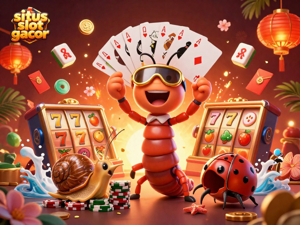 Experience excitement at situs slot gacor with a vibrant casino scene filled with card-dealing characters.