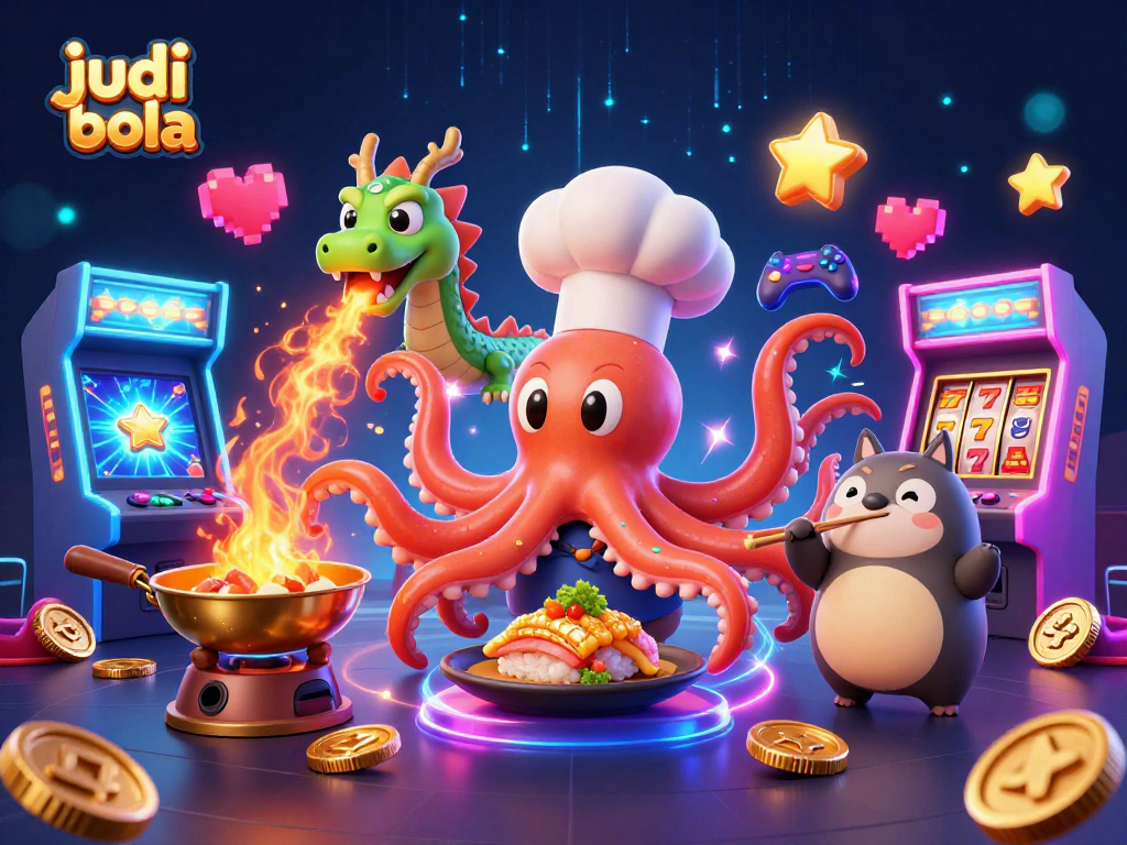 Take part in judi bola excitement with a vibrant casino scene featuring cartoon characters and interactive gaming elements.