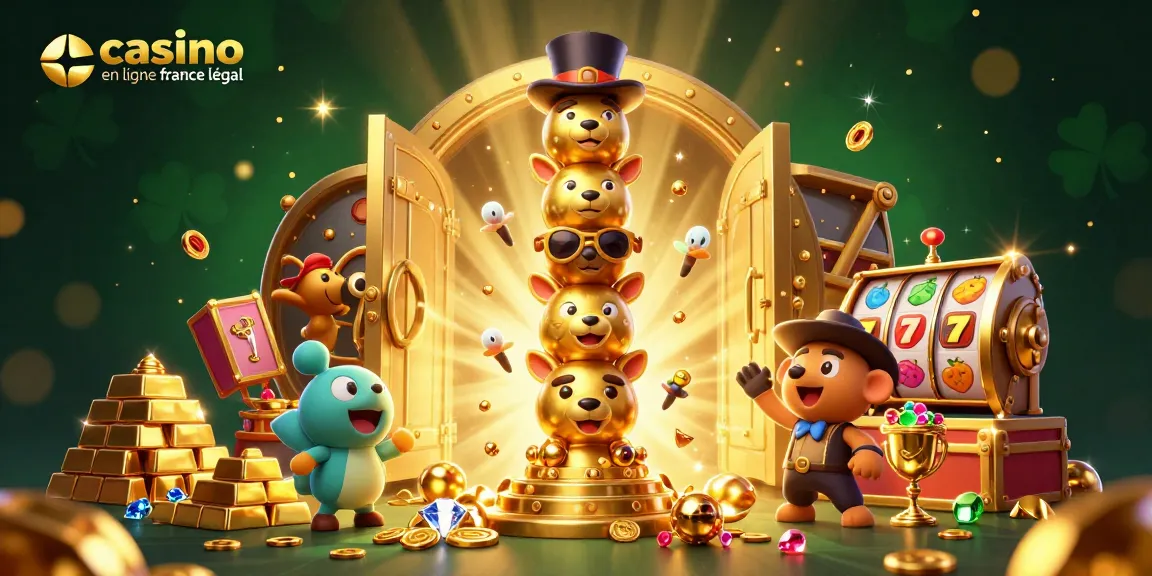 Jouer dans un casino en ligne France légal avec une illustration riche et dynamique de machines à sous, d'or et de joyaux.