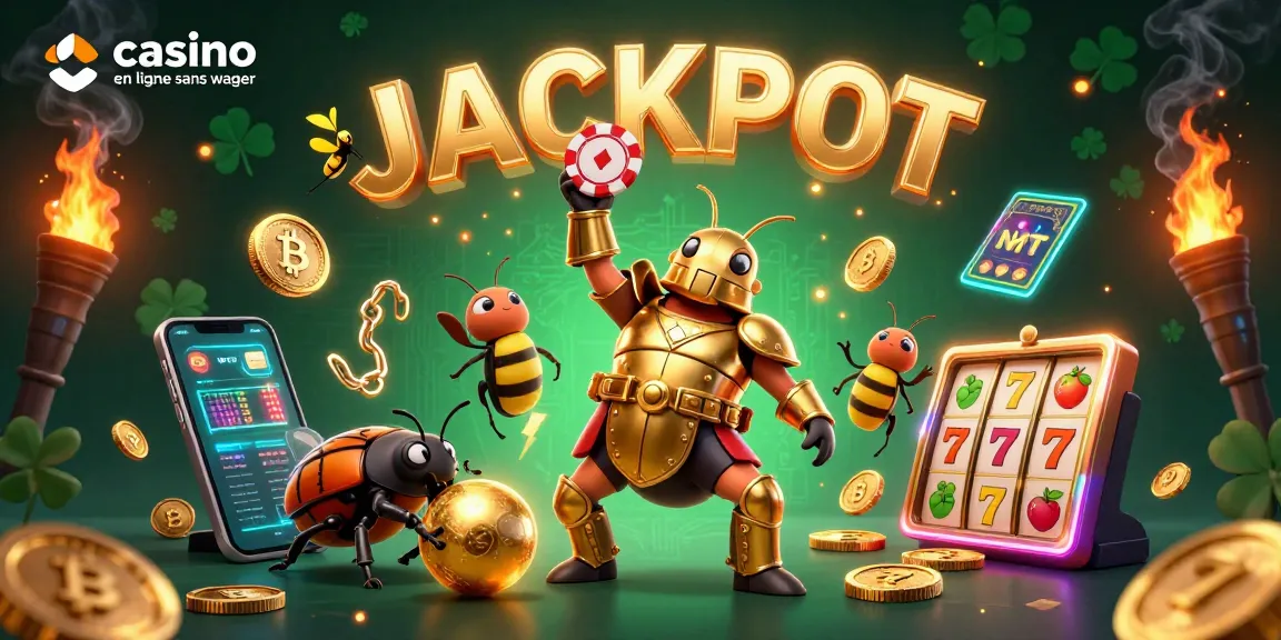 Jeux au casino en ligne sans wager avec un scarabée héros brandissant un jeton de poker en célébration.
