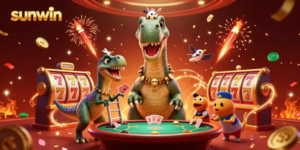 Participate in thrilling casino action with Sunwin's stunning 3D scene featuring dynamic characters and vibrant game elements.