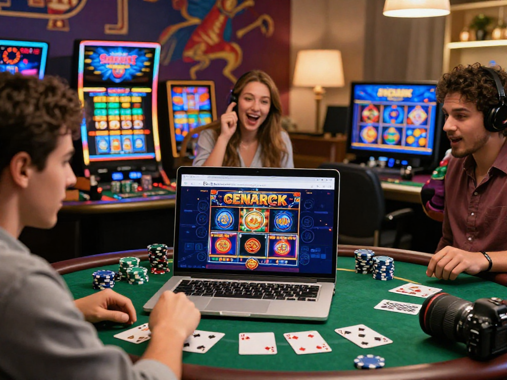 Exciting US online casinos scene with players engaging in colorful slot games and poker chips on display.