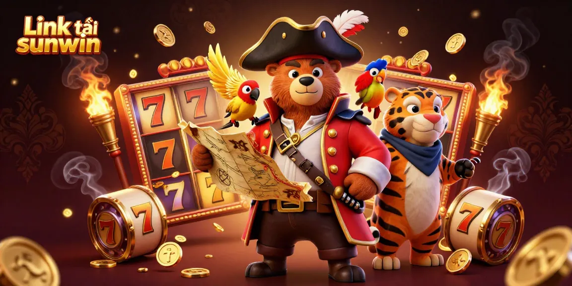 Engaging scene showcasing Link tải sunwin with a pirate bear and tiger, amid spinning slot reels and golden coins.
