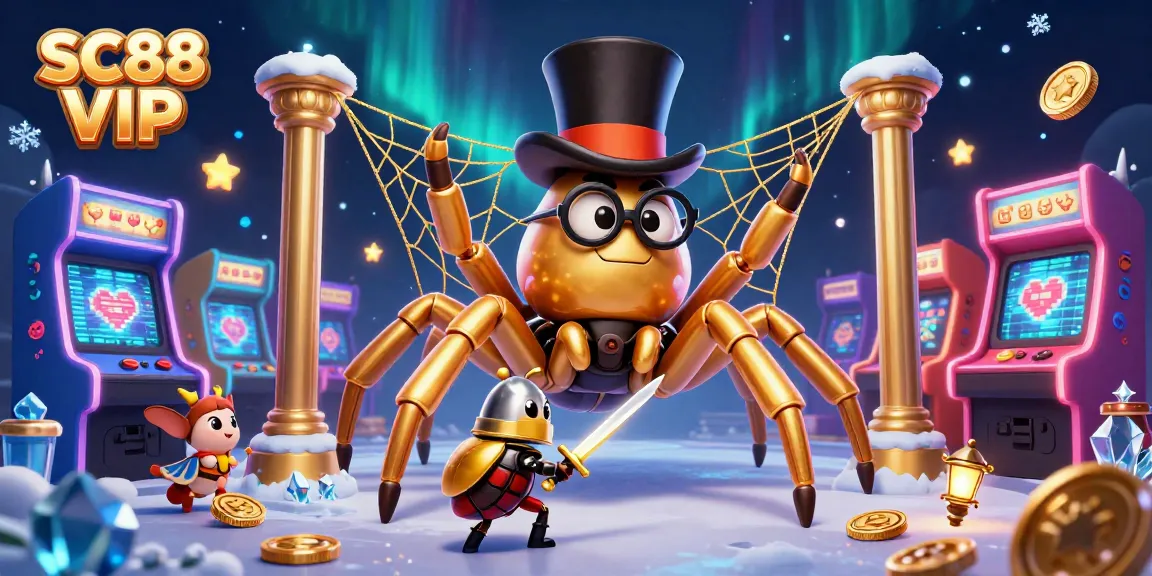 Engage with SC88 VIP's vibrant casino atmosphere featuring a golden tarantula and animated characters.