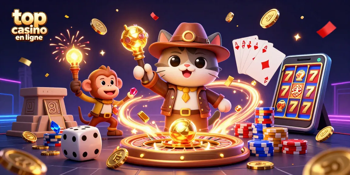 Gagnez avec les meilleurs casinos en ligne : illustration d'un chat archéologue découvrant un artefact de casino doré.