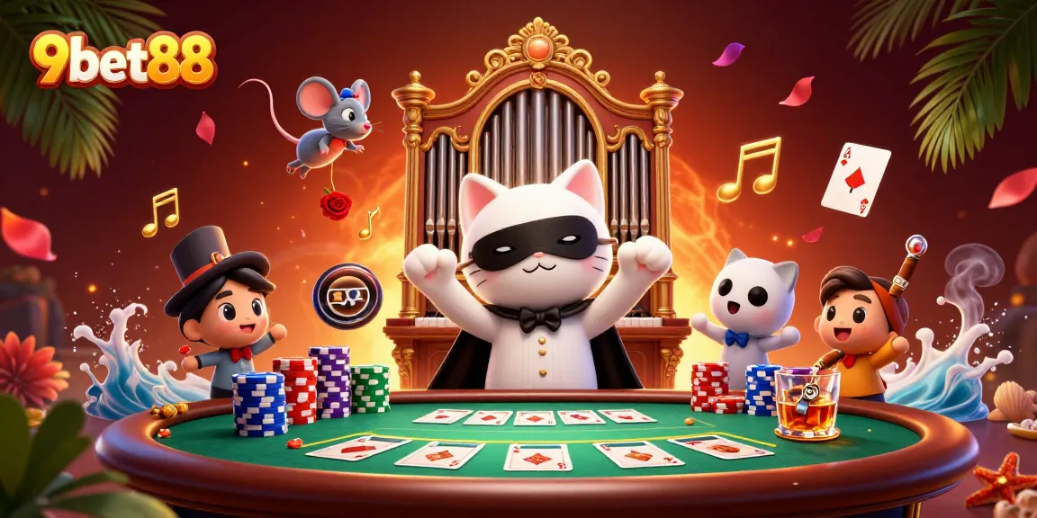 Experience the thrill of 9bet88 at a vivid casino scene filled with poker excitement and dynamic characters.