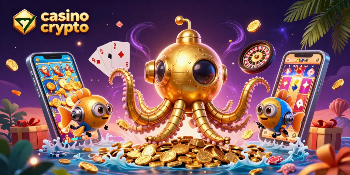 Engagez-vous dans un casino crypto avec une illustration 3D détaillée de sous-marin kraken doré et des éléments de jeu.