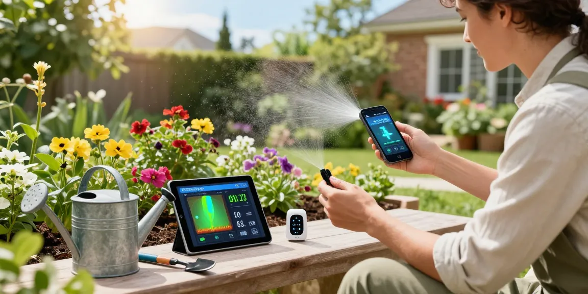 Controlling rainpoint wifi water timer in lush garden, emphasizing smart irrigation efficiency.