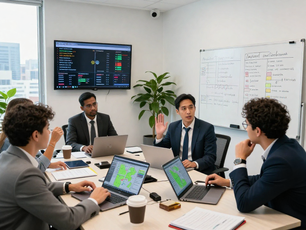 Geofencing political advertising team analyzing campaign data in a modern office environment.