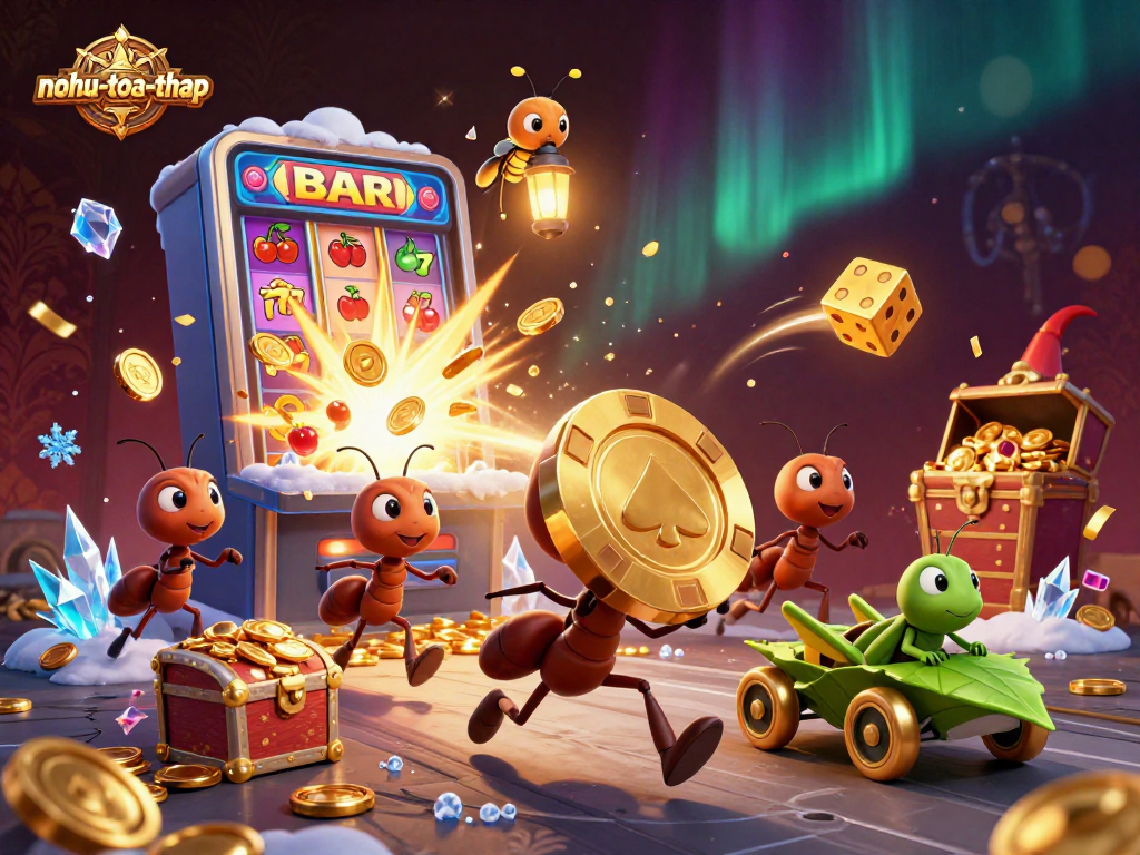 Hit the jackpot with nohu-toa-thap as ants carry a giant poker chip through an explosive casino heist scene.