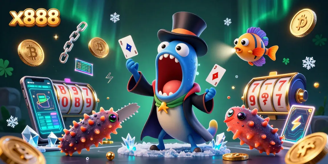 x888's magical deep-sea casino illustration showcases an eel magician and anglerfish spotlighting thrilling card tricks.