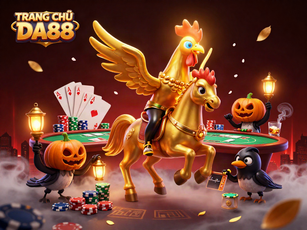 Experience thrilling games at TRANG CHỦ DA88 casino with a dynamic illustration featuring unique characters.