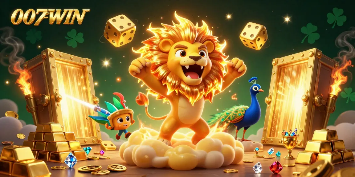 Experience the excitement of 007WIN with golden dice and treasures in a vibrant casino scene.