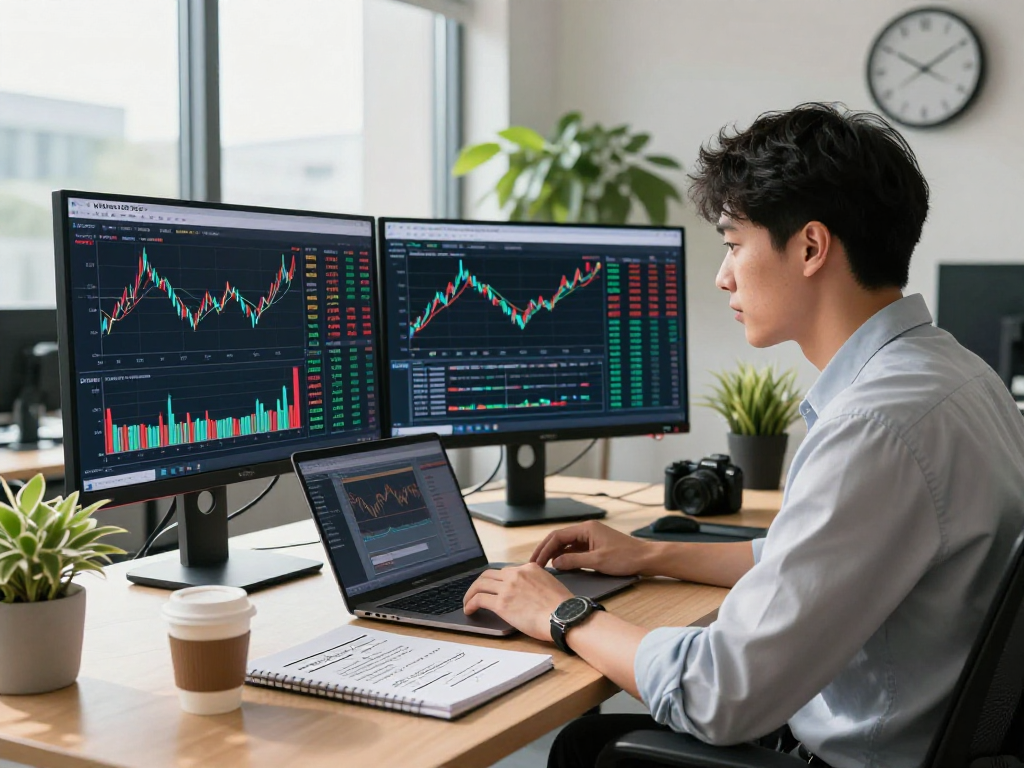 Nikkei 225 index API analysis in a modern workspace with live stock data on dual monitors, reflecting a focused financial professional.