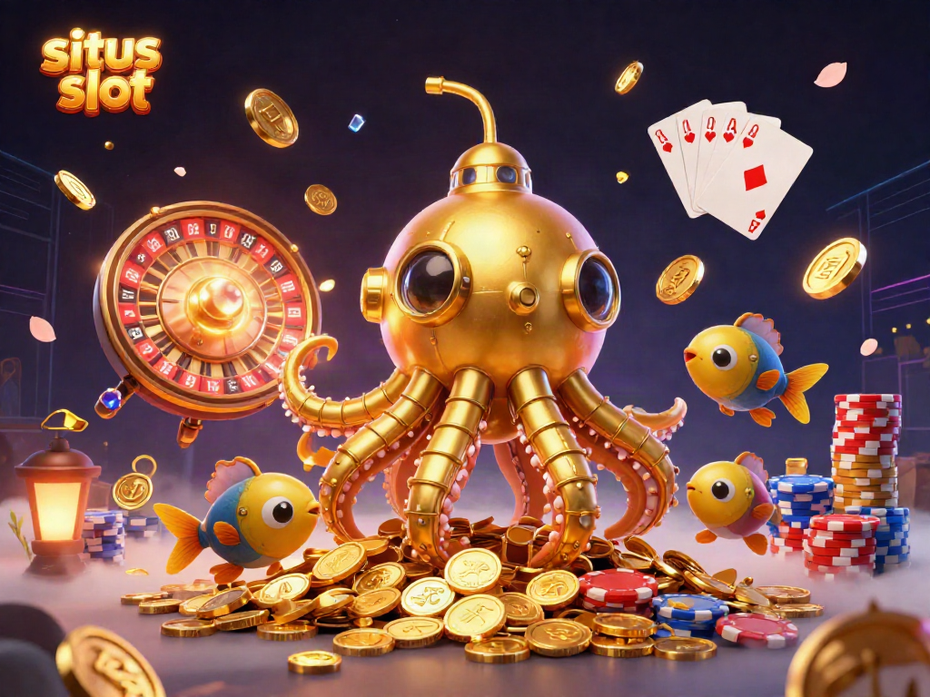 Experience excitement at situs slot with the golden kraken submarine surfacing through coins and live gaming elements.