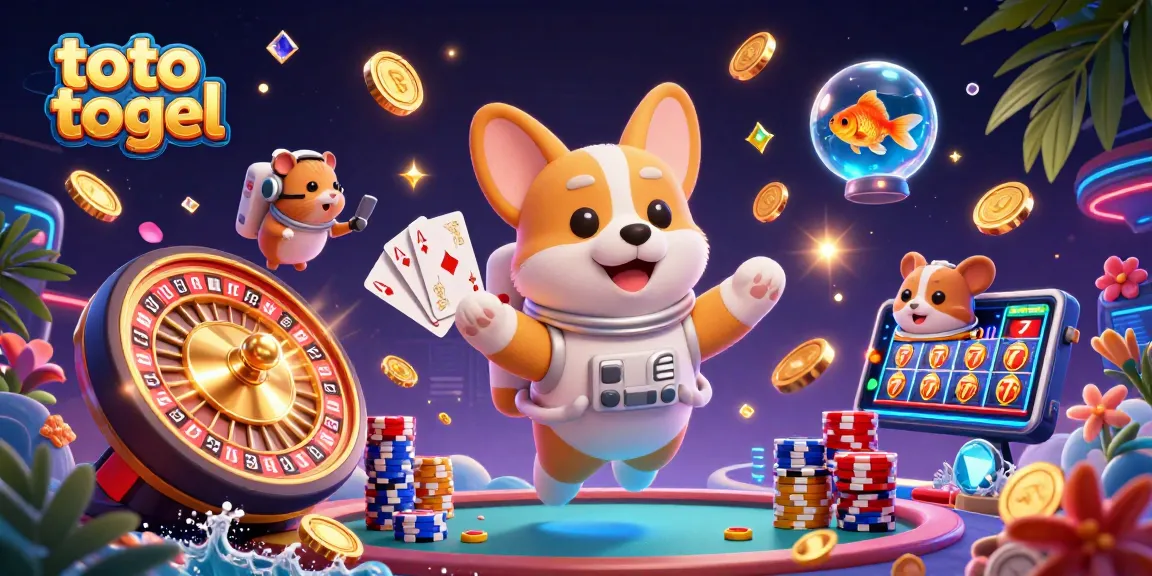 Engage in fun with toto togel as a corgi astronaut floats in a cosmic casino, amid cascading coins and gems.