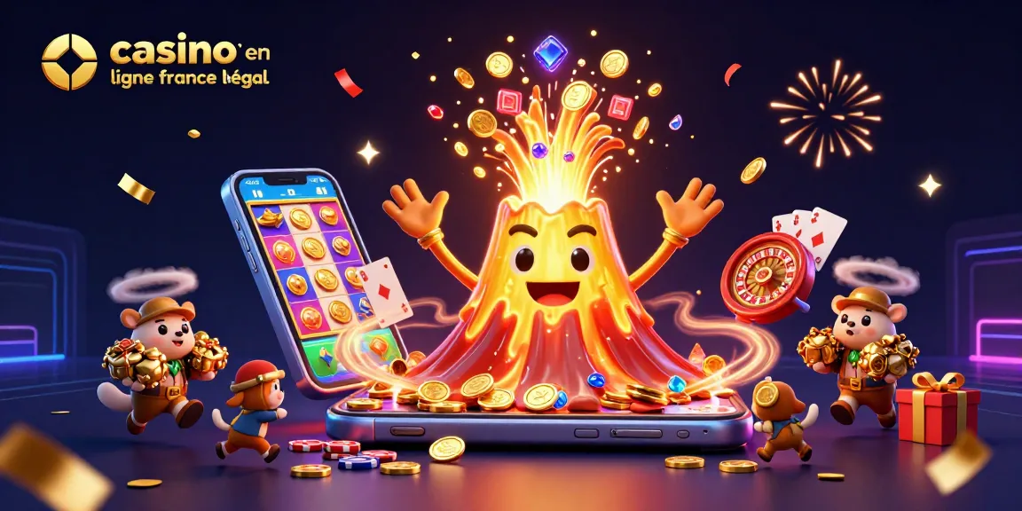 Illustration dynamique de casino en ligne France légal avec un volcan doré, des animaux explorateurs, et des éléments de jeu.