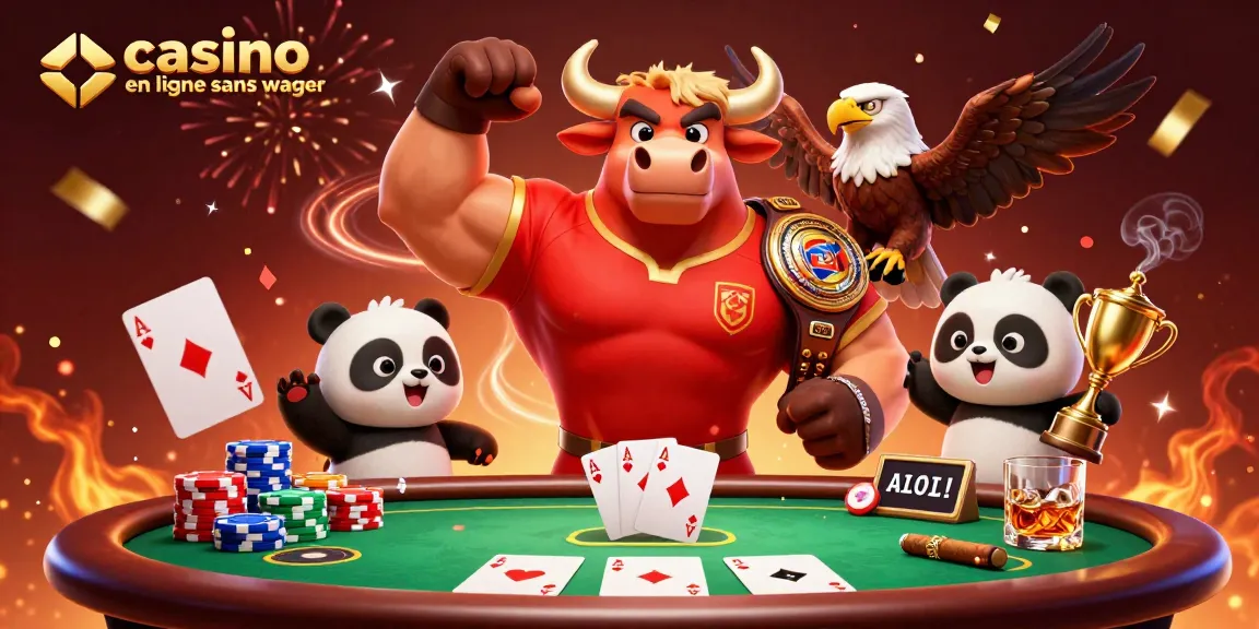 Une illustration 3D présentant un casino en ligne sans wager avec un bull et des personnages de jeu.
