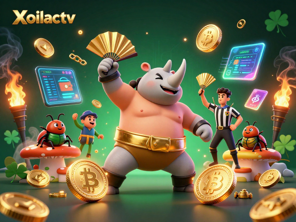 Xoilactv showcases a thrilling 3D scene of a sumo beetle in action, surrounded by crypto coins and casino energies.