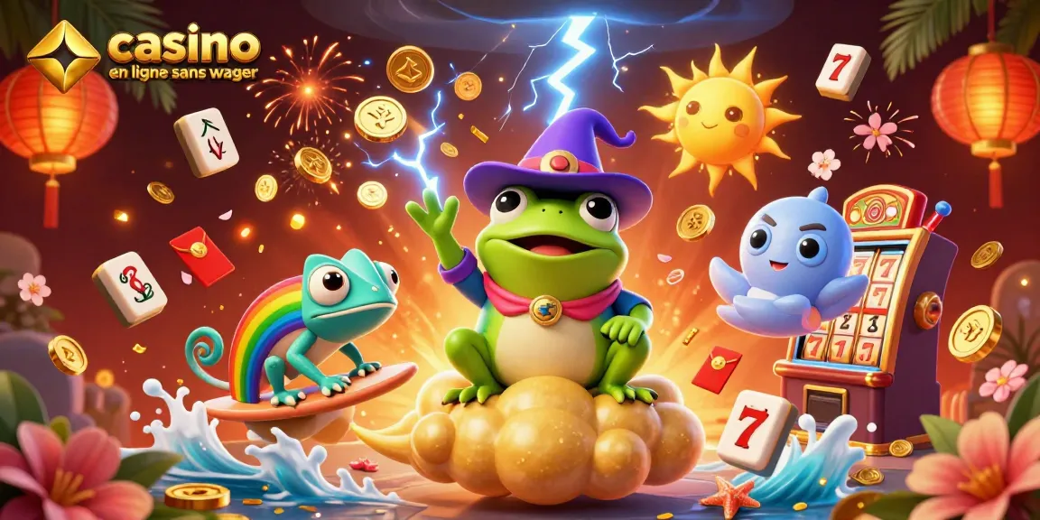 Plongée dans le monde des casinos avec une illustration 3D d'un casino en ligne sans wager, mettant en avant un grenouille sorcier et un caméléon.