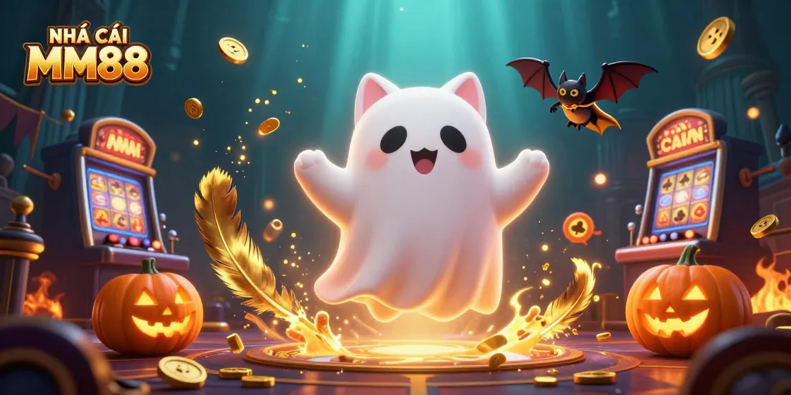 Engage with NHÀ CÁI MM88 at a vibrant haunted casino showcasing playful characters and glowing tokens.
