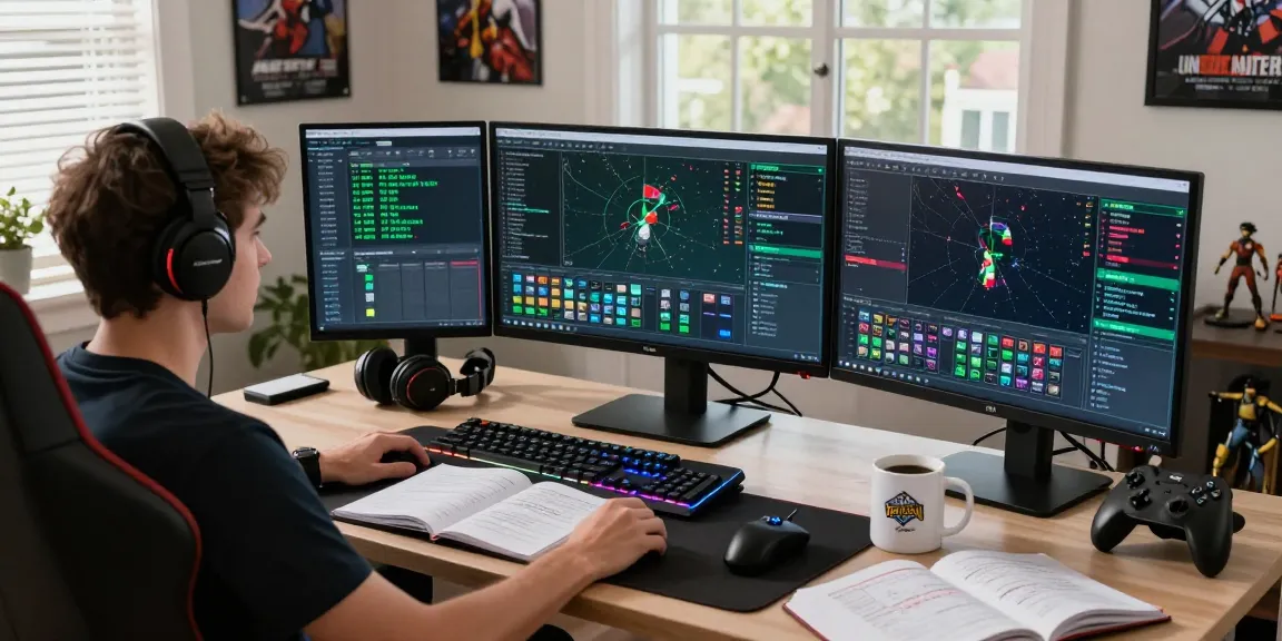 HearthStats net news highlights a gamer analyzing gameplay data in a modern home office setup.