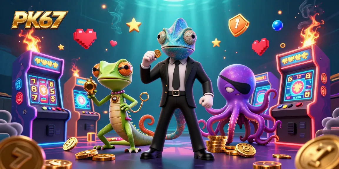 Engage with PK67's dynamic gaming world showcasing secret agent chameleon, gecko, and villainous octopus among slot reels and jackpot symbols.