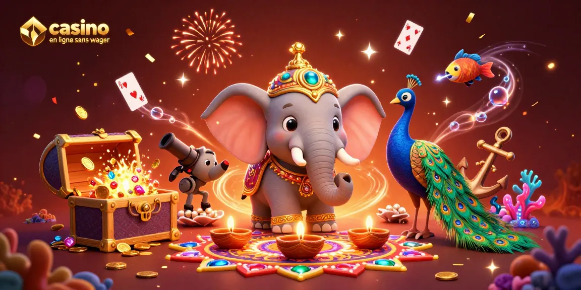 Profitez des jeux sur le casino en ligne sans wager avec cette illustration spectaculaire d'éléphants colorés et de trésors.