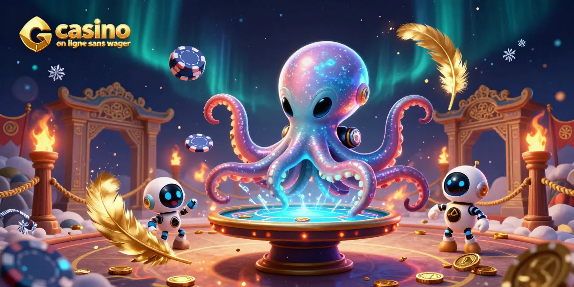 Illustration animée de casino en ligne sans wager avec un poulpe extraterrestre jouant aux cartes, entouré de pièces d'or.