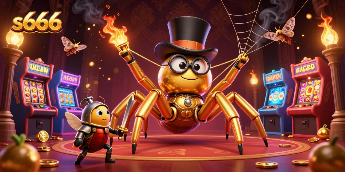 S666 features a colorful 3D scene of a golden tarantula and knight at an online casino with vivid slot machines.